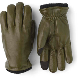Hestra olive green leather gloves with black ribbed cuffs