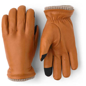 Hestra tan leather gloves with ribbed knit cuffs and black fingertip details