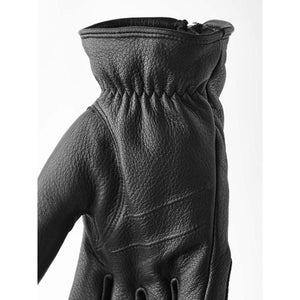 Black leather glove with elasticated wrist detail
