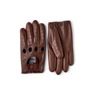 Hestra brown leather driving gloves with knuckle cutouts and perforated detailing
