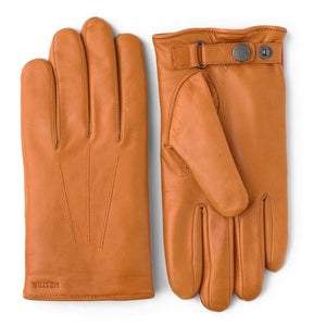 Hestra tan leather gloves with snap button closure