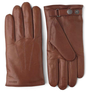 Hestra brown leather gloves with snap button closure