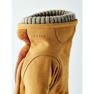 Hestra tan suede mitten with ribbed wool cuff and embossed logo