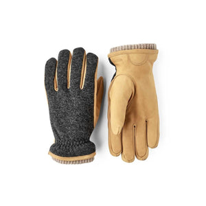 Hestra gloves with grey wool back and tan leather palm