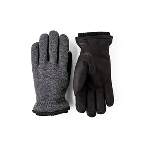Hestra grey wool and black leather gloves