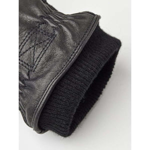 Hestra black leather glove cuff with ribbed knit trim