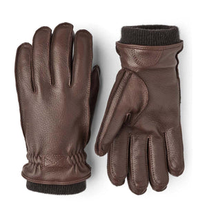 Hestra brown leather gloves with ribbed cuffs