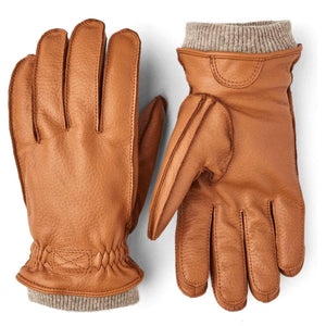 Hestra tan leather gloves with ribbed knit cuffs