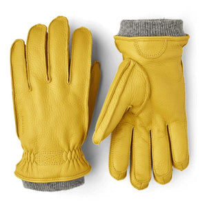 Hestra yellow leather gloves with grey ribbed cuffs
