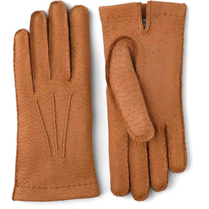 Hestra tan peccary leather gloves with decorative stitching