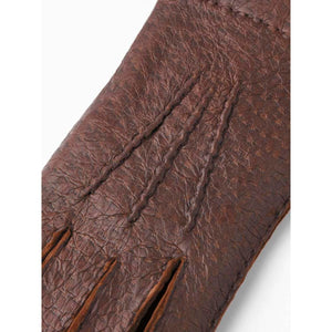 Brown Hestra leather glove with decorative stitching on the back