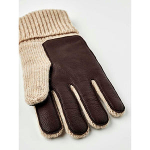 Brown leather and beige ribbed knit glove