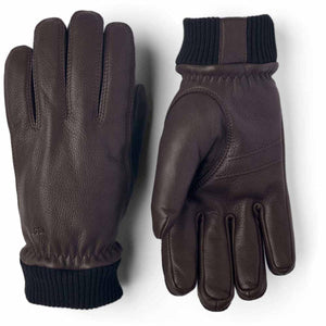 Hestra brown leather gloves with black ribbed cuffs