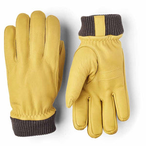 Hestra yellow leather gloves with grey ribbed cuffs