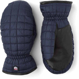 Hestra navy blue quilted mittens with black leather palms