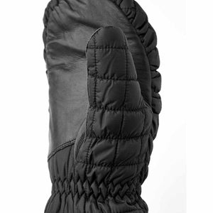 Black quilted winter mitten with leather palm detail