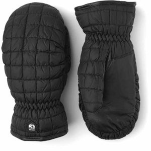 Hestra black quilted mittens with leather palm detail