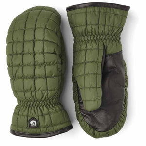 Hestra olive green quilted mittens with dark brown leather palm details