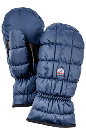 Blue Hestra quilted down mittens with black leather palm detail