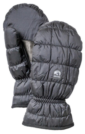 Hestra black quilted down mittens with elastic cuffs