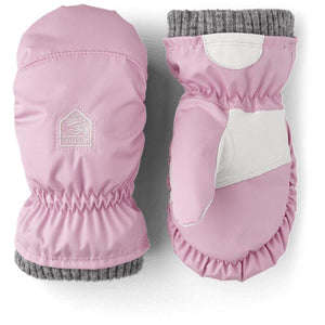 Hestra pink mittens with grey ribbed cuffs and white leather palm detail