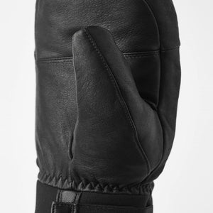 Black Hestra leather mitten showing thumb detail