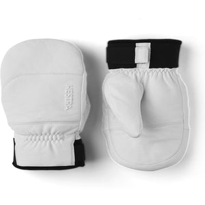 Hestra white leather mittens with black cuffs