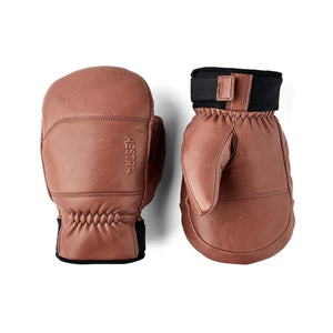 Pair of Hestra brown leather mittens with black wrist cuffs