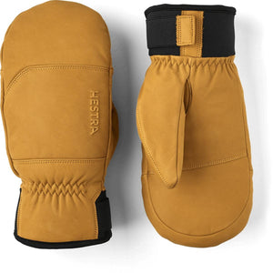 Hestra tan leather mittens with black cuffs