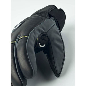 Hestra black leather ski mitten with yellow stitching detail