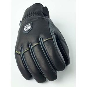 Black Hestra leather glove with yellow stitching details