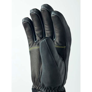 Hestra black leather glove with yellow stitching detail