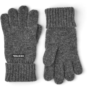 Pair of grey Hestra wool knit gloves with ribbed cuffs