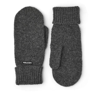 Hestra charcoal grey wool knit mittens with ribbed cuffs
