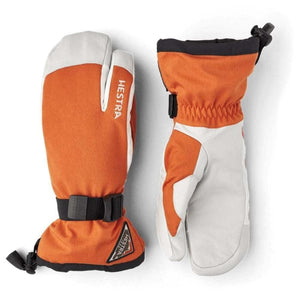Hestra orange and white three finger ski mittens with adjustable wrist strap and logo