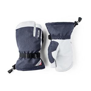 Hestra navy and white three-finger ski mittens with adjustable wrist straps