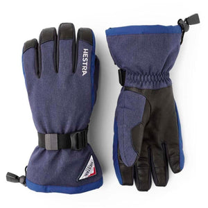 Hestra blue and black insulated ski gloves with adjustable wrist straps
