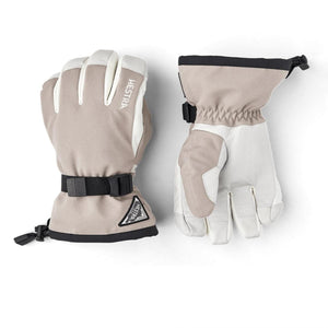 Hestra beige and white leather ski gloves with adjustable wrist straps