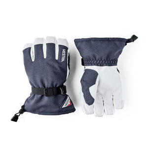 Hestra navy and white ski gloves with adjustable wrist strap and drawstring cuff