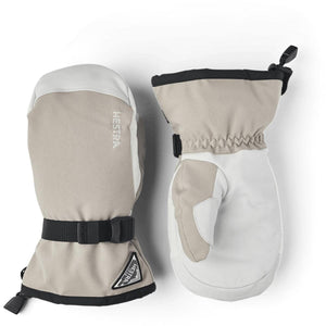 Hestra beige and white insulated mittens with black wrist straps