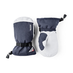 Hestra navy and white insulated winter mittens with adjustable wrist straps