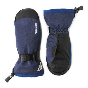 Hestra blue and black insulated winter mittens with adjustable wrist straps