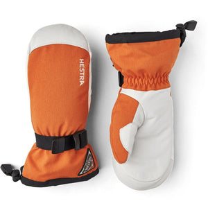 Hestra orange and white leather mittens with adjustable wrist strap and Hestra logo