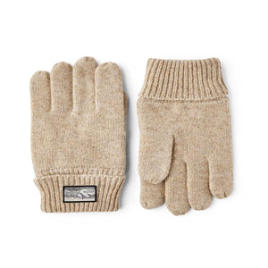 Beige Hestra knit gloves with ribbed cuffs and brand logo patch