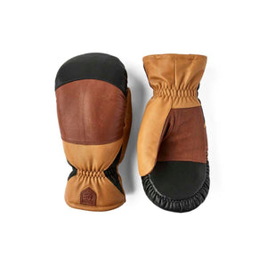 Hestra leather mittens in black and brown color block design