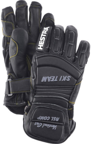 Hestra black leather ski racing gloves with padded knuckles and wrist strap