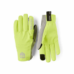 Hestra neon yellow gloves with grey fleece palm and black fingertip detail