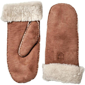 Brown suede mittens with cream shearling cuffs