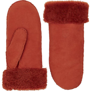 Hestra rust orange sheepskin mittens with shearling cuffs