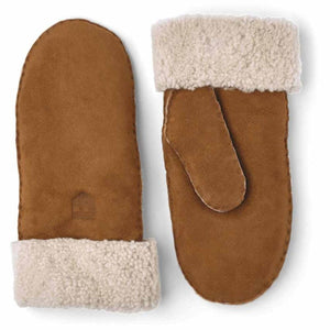 Hestra brown suede mittens with white sheepskin cuffs